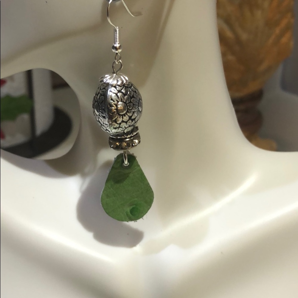 Green leather embellished earrings